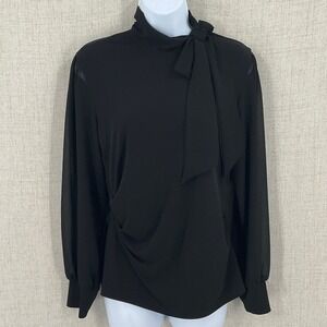 Calvin Klein Blouse Womens S Black Tie Neck Sheer Sleeve Classic Office Preppy